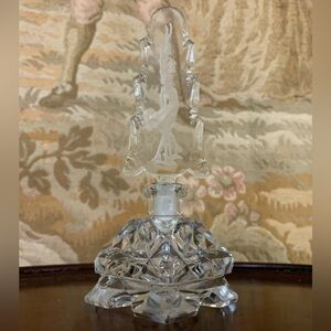 Antique Czechoslovakia Etched Floral Lady Perfume Bottle w Intact Dauber Stopper